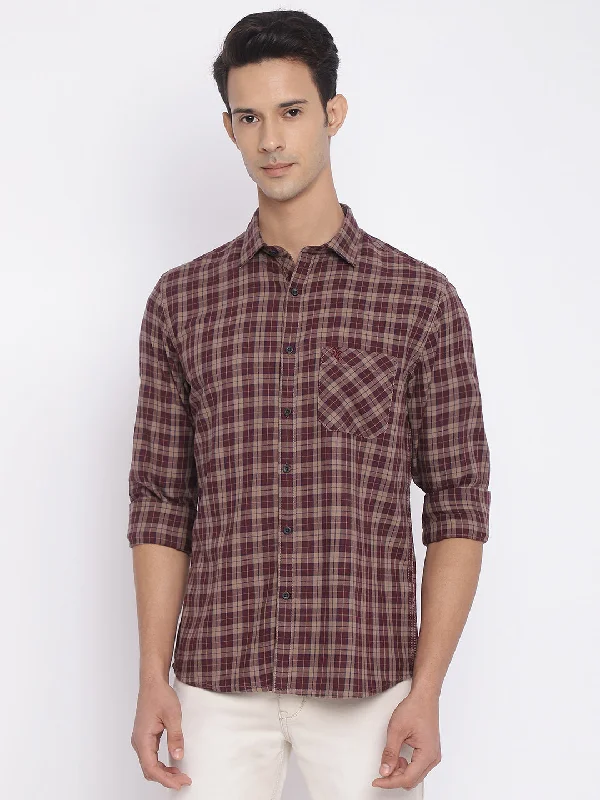 Men's Maroon Casual Medium Checks Full Sleeve Shirt Athletic Men's High