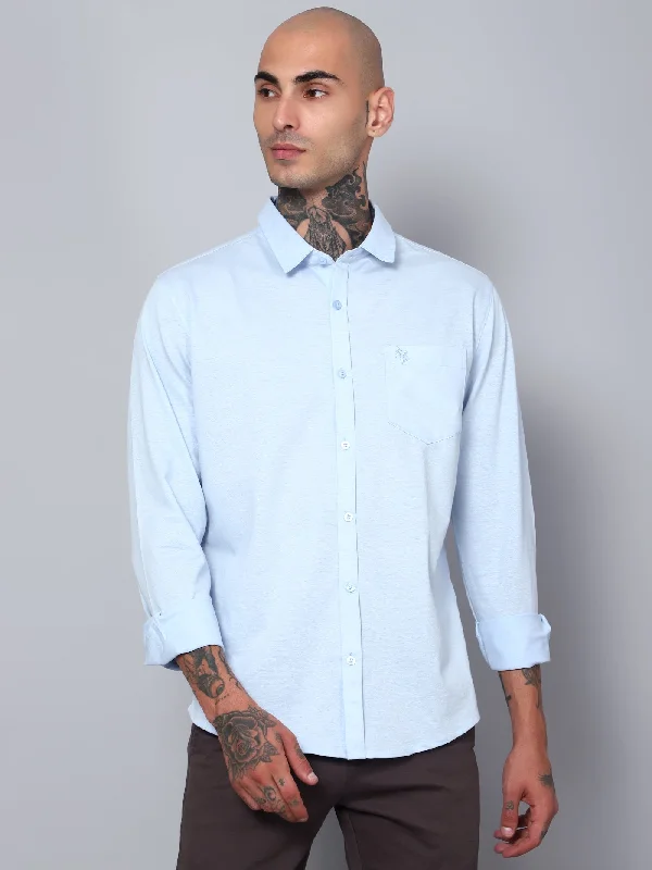 Men's Light Blue Casual Knit Jersey Full Sleeve Shirt Modern Men's Geometric