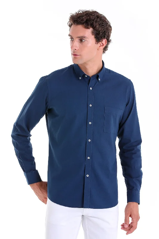 Comfort Fit Long Sleeve Oxford Cotton Navy Casual Shirt Organic