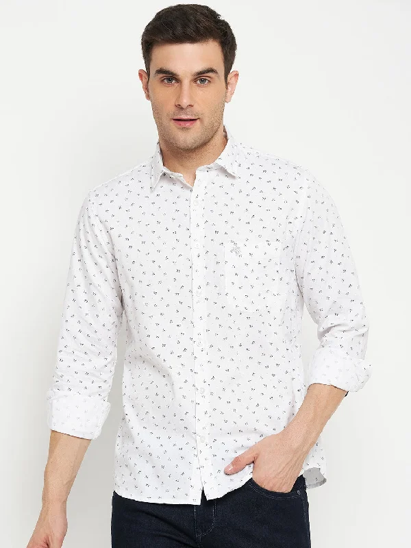 Men's White Casual Floral Ditsy Print Full Sleeve Shirt Gym