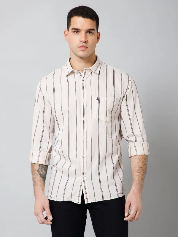 Men's Beige Casual Broad Stripe Full Sleeve Shirt Artistic Men's Avant