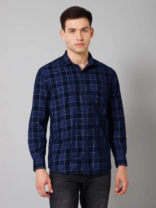 Men's Navy Blue Casual Corduroy Big Checks Full Sleeve Shirt Modern Men's Tech