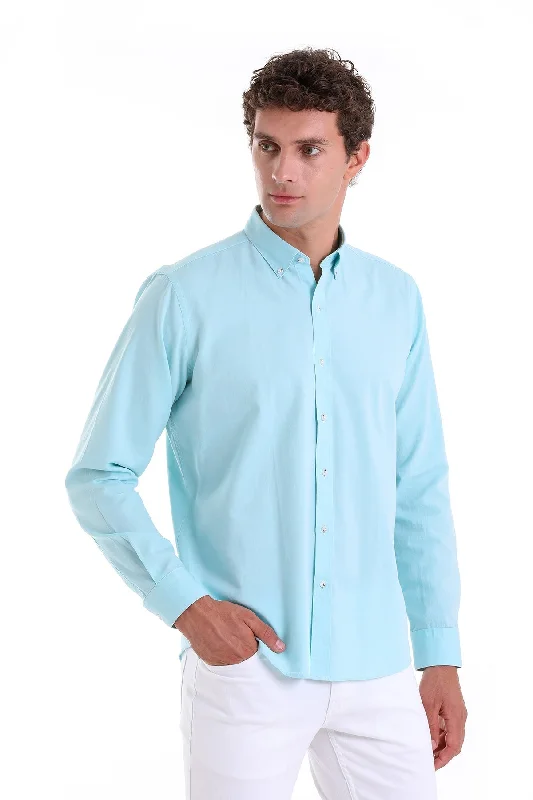 Comfort Fit Long Sleeve Cotton Green Water Casual Shirt Polished Men's Satin