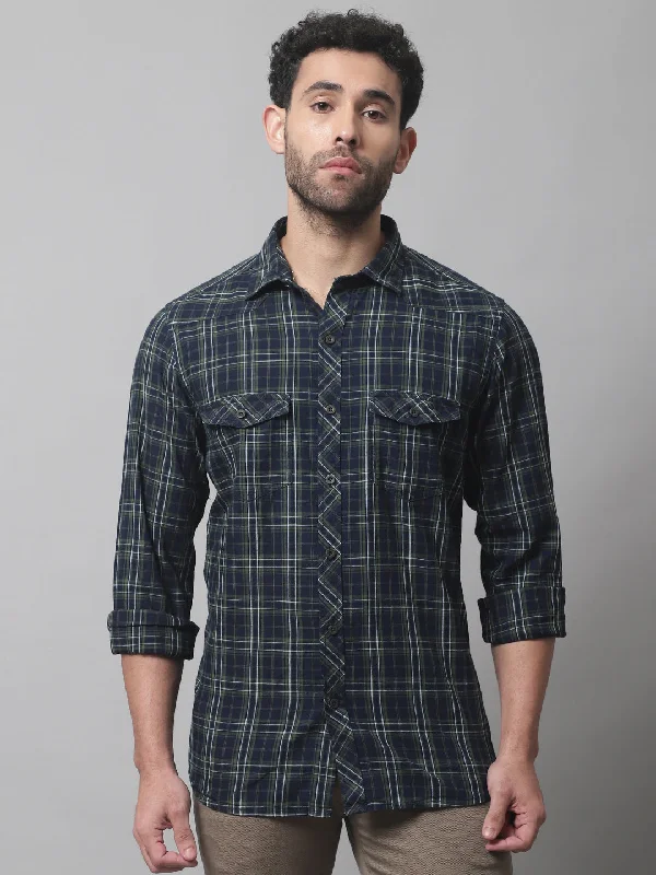 Men's Olive Green Casual Medium Checks Full Sleeve Shirt Hip Men's Retro