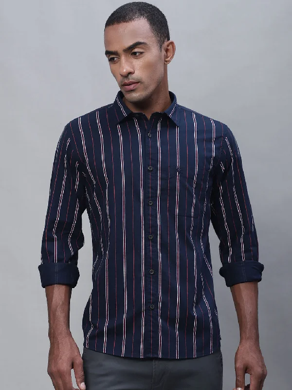 Men's Navy Blue Casual Narrow Stripe Full Sleeve Shirt Gym