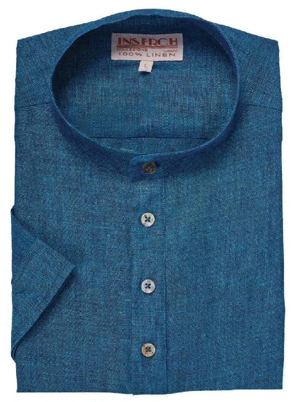 MEN'S DEEP SEA BLUE LINEN BANDED COLLAR POP OVER SHIRT BY INSERCH Sporty Men's Tennis