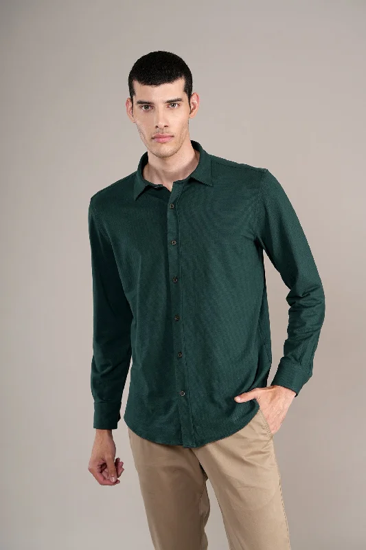 Men's Bottle Green Self Design Full Sleeves Casual Shirt Relaxed Men's Beach