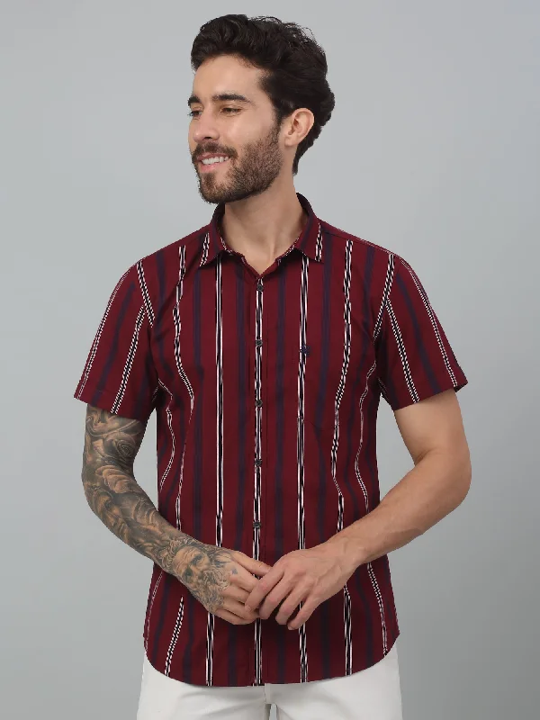 Men's Red Casual Broad Stripe Half sleeve Shirt Street