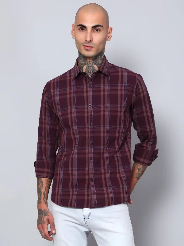 Men's Maroon Casual Big Checks Full Sleeve Shirt Modern Men's Geometric