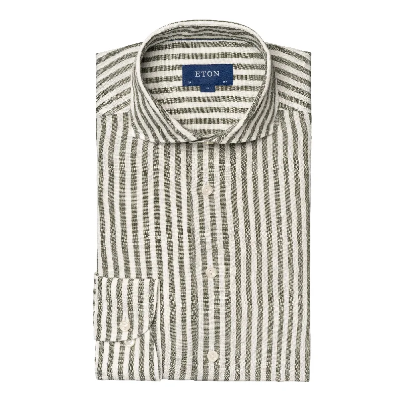 Mid Green Striped Linen Slim Fit Shirt - ETON Youthful Men's Pop