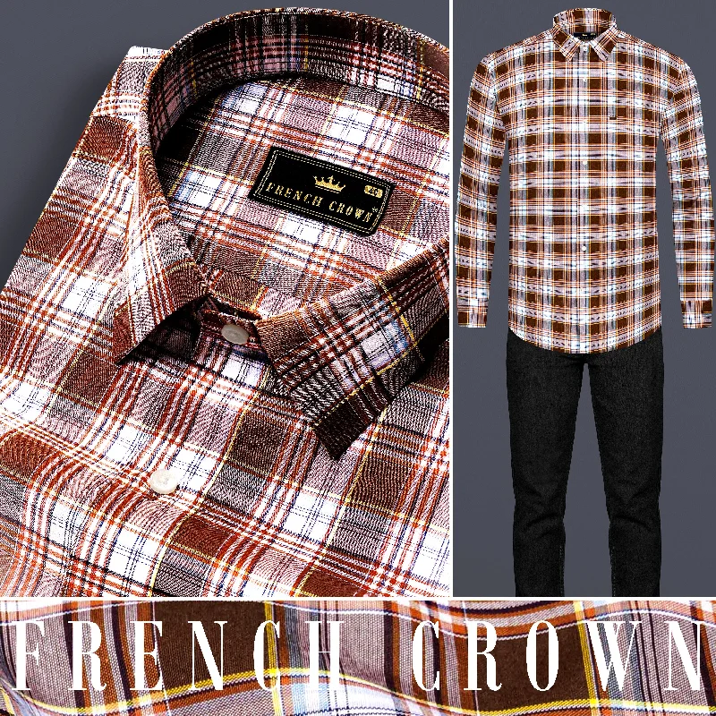 Ferra Brown and White Checkered Premium Cotton Shirt Vacation