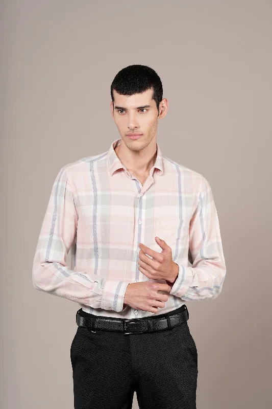 Men's Pink Check Full Sleeves Casual Shirt Unique Men's Patch