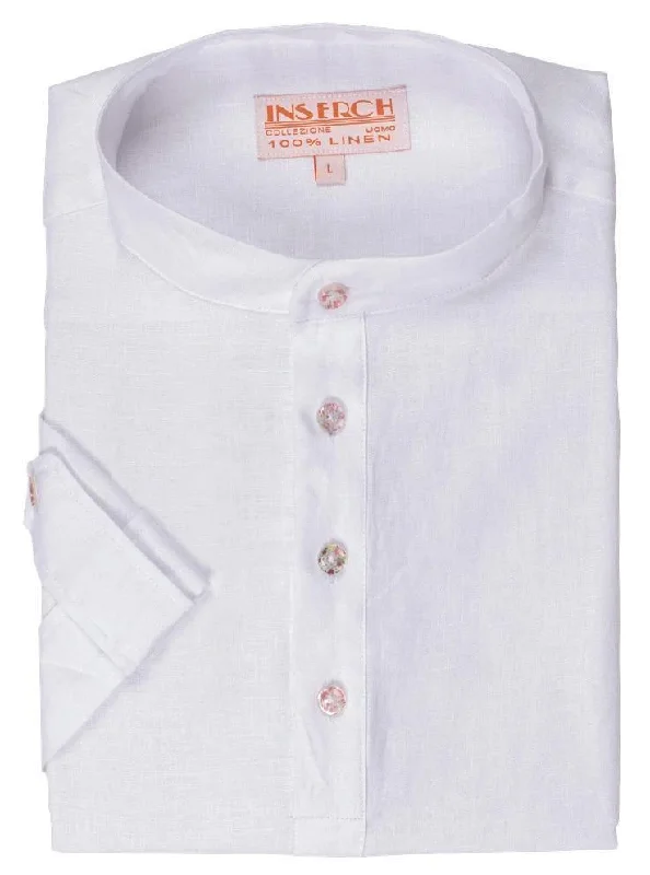 MEN'S WHITE LINEN BANDED COLLAR POP OVER SHIRT BY INSERCH Masculine Men's Thick