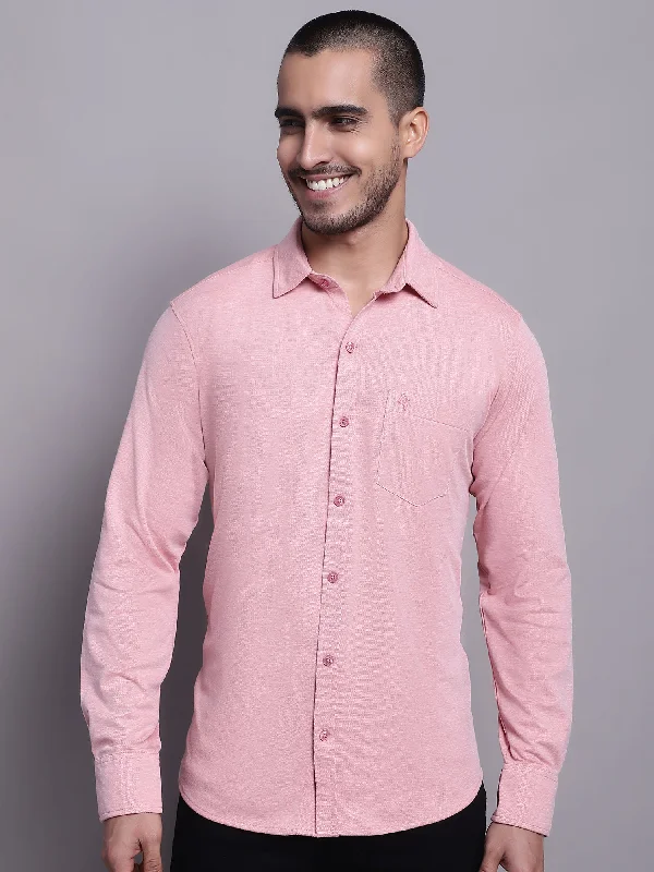 Men's Pink Casual Knit Self Textured Full Sleeve Shirt Dapper Men's Bow