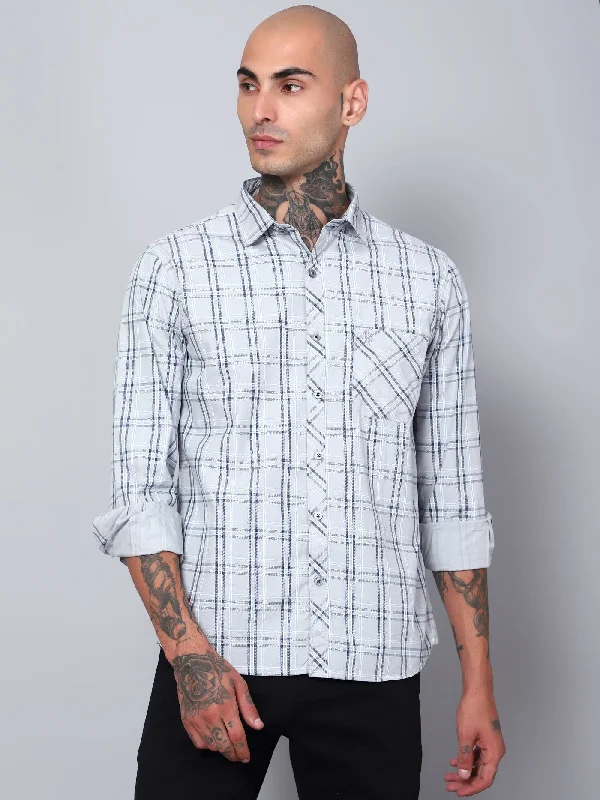 Men's Light Grey Casual Medium Checks Full Sleeve Shirt Modern Men's Tech