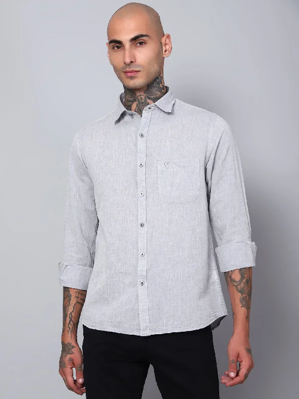 Men's Light Grey Casual Plain Full Sleeve Shirt Practical Men's Multi