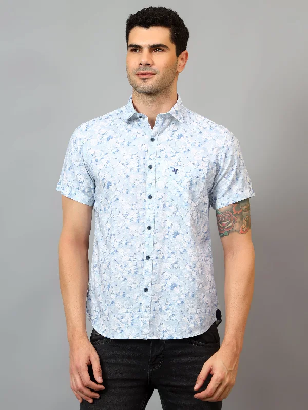 Men's Sky Blue Casual Floral Print Half sleeve Shirt Laid