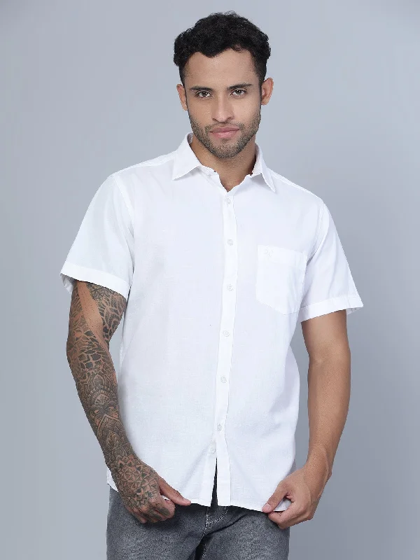 Men's White Casual Plain Half Sleeve Shirt Practical Men's Multi