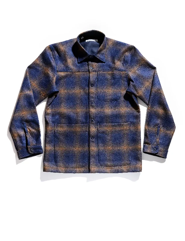 FINAL SALE: BKT15 Shirt Jacket in Boiled Wool Plaid - Blue and Brown Polished Men's Silk