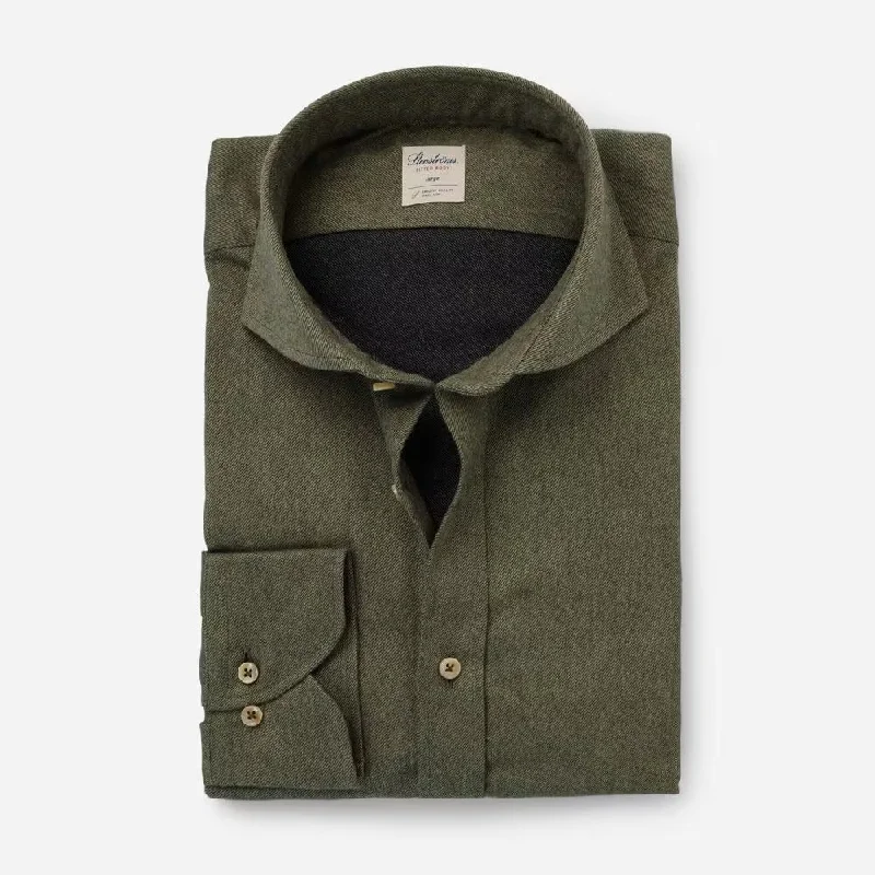 Olive Green Fitted Body Shirt In Luxury Flannel - Stenströms Practical Men's Quick