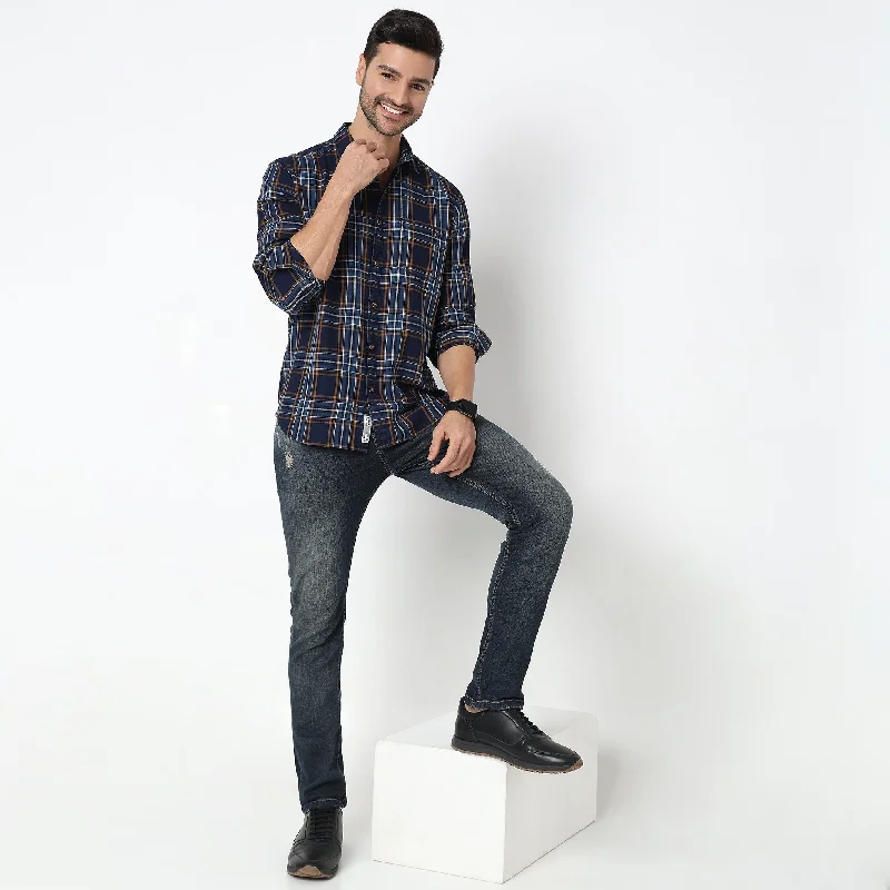 Cruiser™ Authentic Indigo Regular Fit Shirt Classic Checks Perfect Denim Companion Edgy Men's Punk