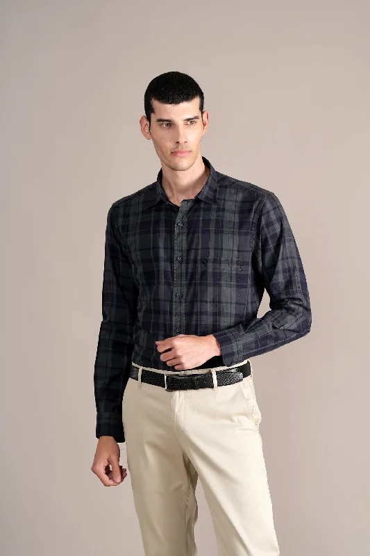 Men's Navy Check Full Sleeves Casual Shirt Vacation