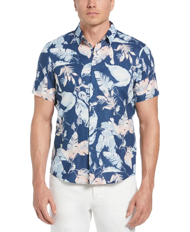 Linen-Blend Tropical Bird Print Shirt Sophisticated Men's French