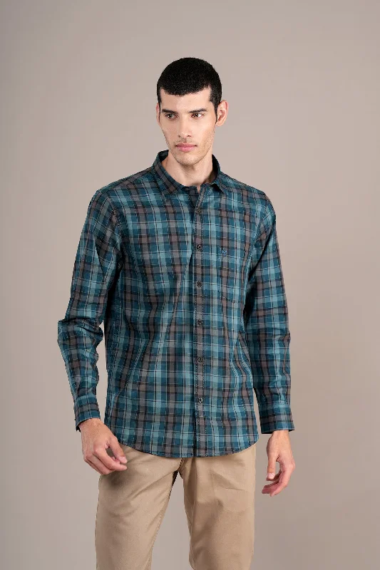 Men's Teal Check Full Sleeves Casual Shirt Casual Men's Short