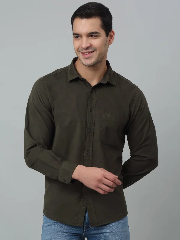 Men's Olive   Casual Plain Corduroy Full Sleeve Shirt Laid