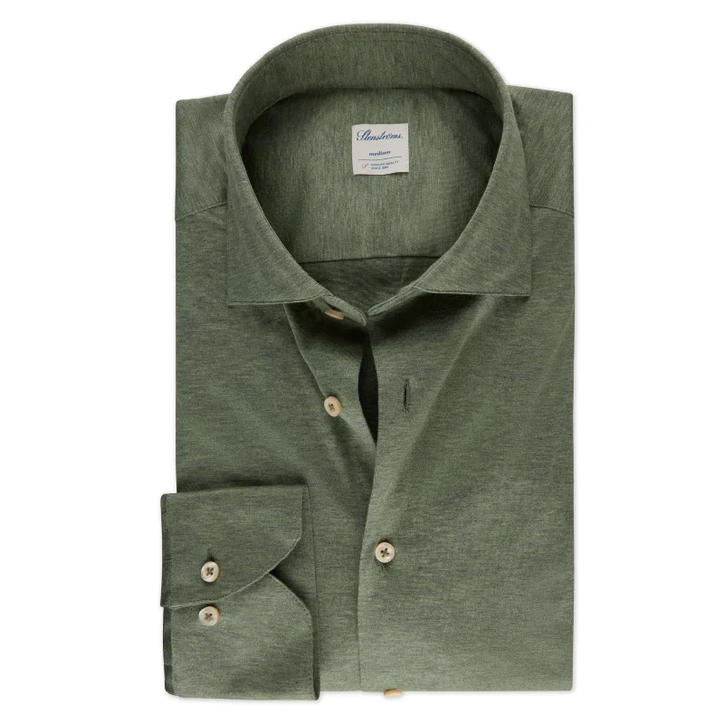 Casual Green Jersey Stretch Slimline Shirt - Stenströms Casual Men's Japanese 