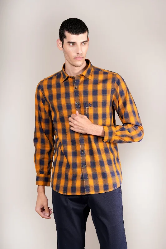 Men's Mustard Check Full Sleeves Casual Shirt Youthful Men's Pop