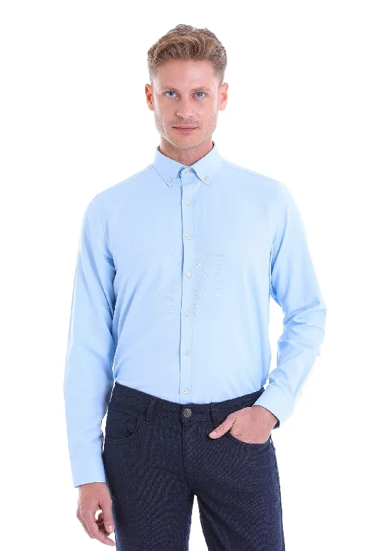 Comfort Fit Plain Cotton Blend Light Blue Casual Shirt Elegant Men's Cashmere