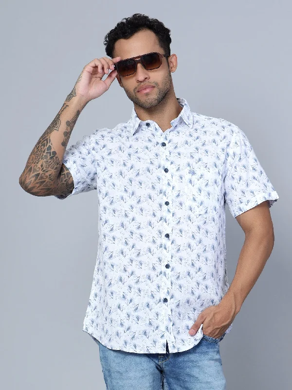 Men's White Casual Floral Print Half Sleeve Shirt Hip Men's Urban