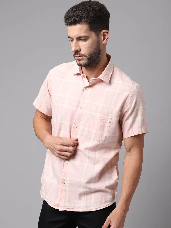 Men's Light Pink Casual Big Checks Half Sleeve Shirt Cclassic Men's Tweed