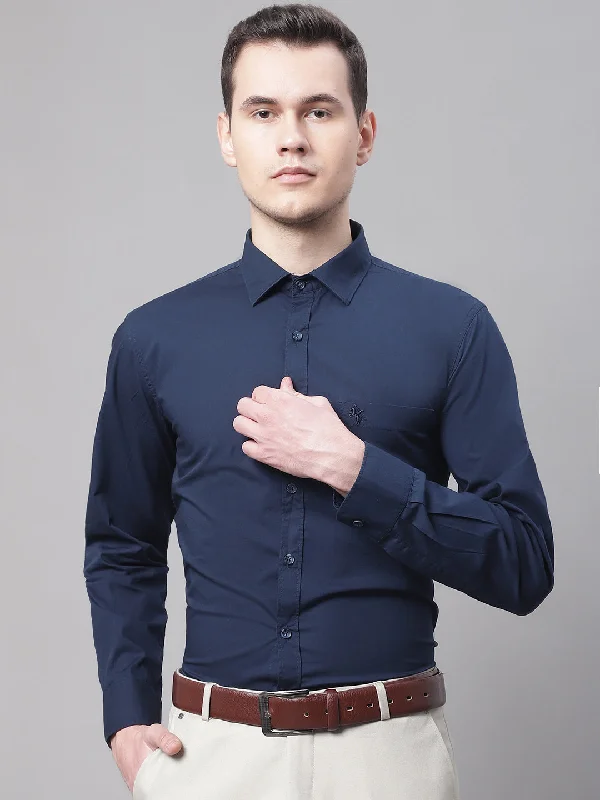 Men's Navy Blue Casual Plain Stretch Full Sleeve Shirt Bold Men's Statement