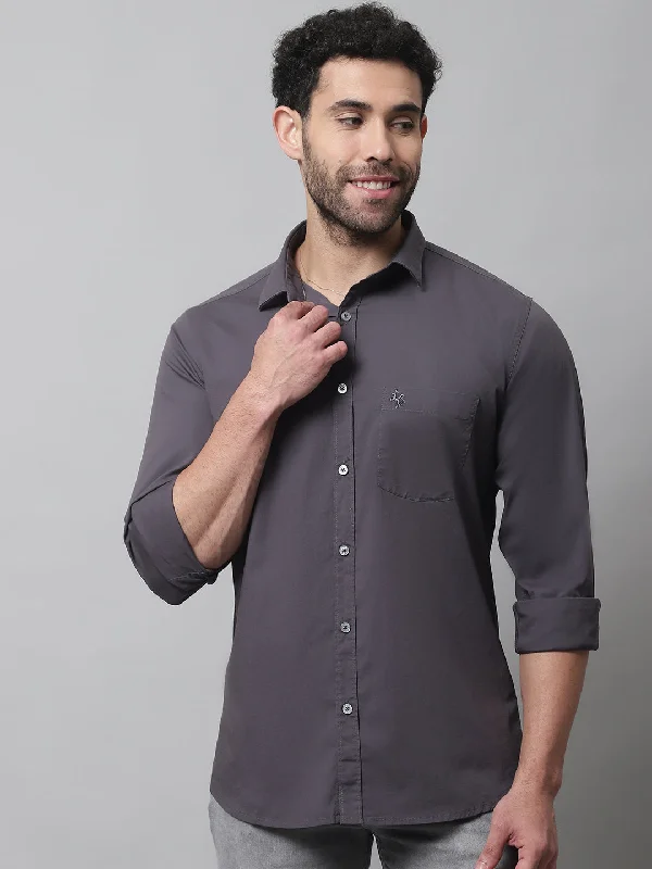 Men's Dark Grey Casual Plain Stretch Full Sleeve Shirt Refined Men's Velvet