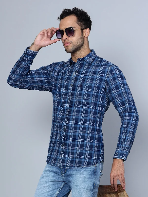 Men's Navy Blue Casual Medium Checks Full Sleeve Shirt Vacation