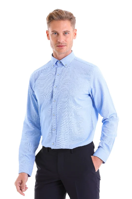 Comfort Fit Button-Down Cotton Blend Blue Casual Shirt Sleek Men's Metallic