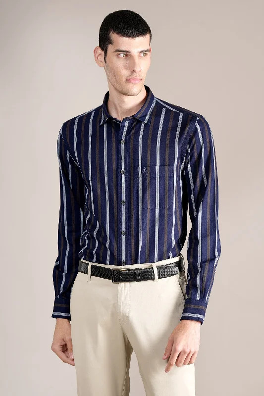 Men's Navy Striped Full Sleeves Casual Shirt Hip Men's Urban