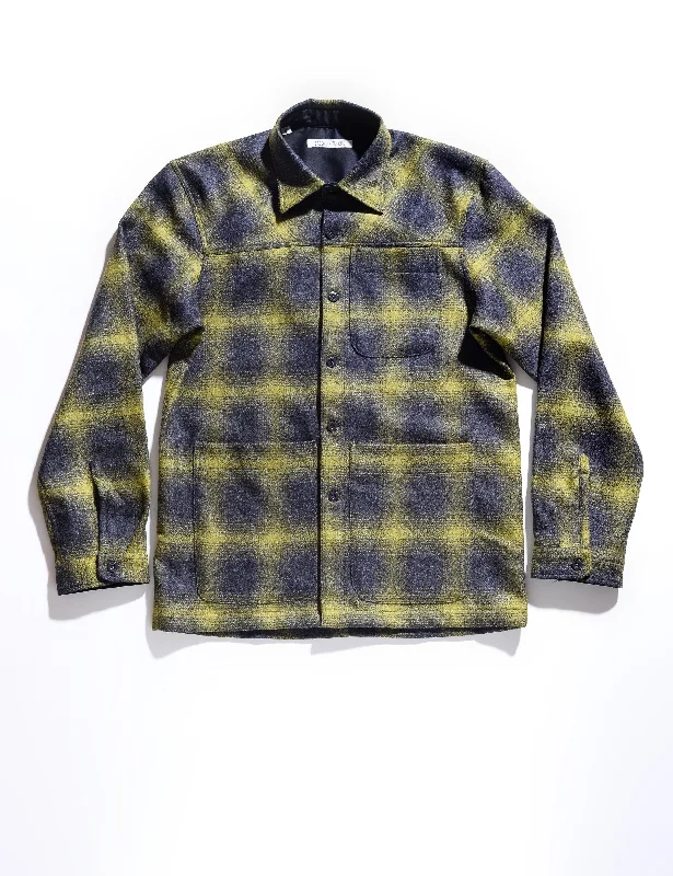 BKT15 Shirt Jacket in Boiled Wool Plaid - Gray & Acid Green Monochromatic All