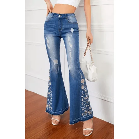 Bell Bottom Distressed Stretch Jeans with Embroidery Monochromatic Office Style