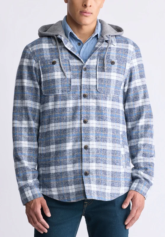 Jakeim Men's Plaid Hooded Shacket, Grey & Blue - BM24443 Refined Men's Hand