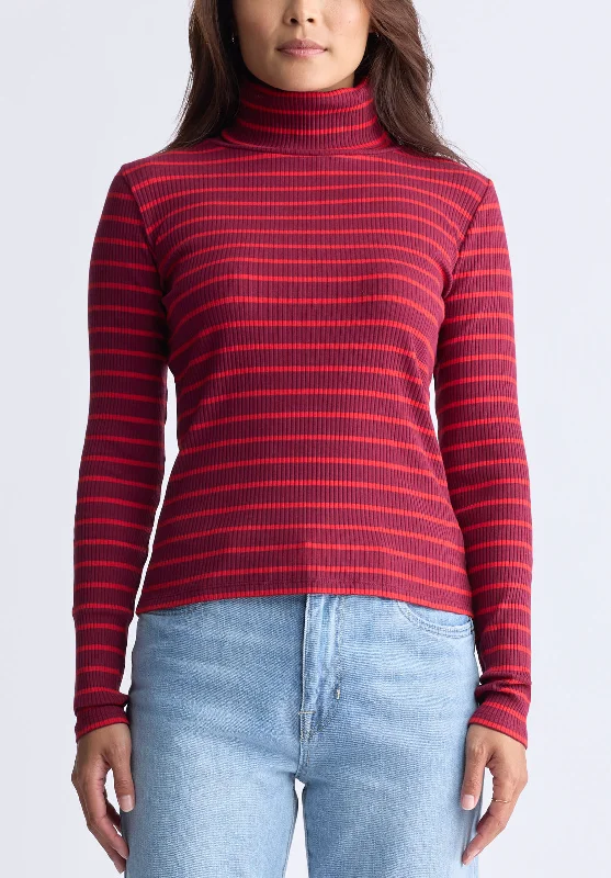 Mavra Women's Striped Ribbed Turtleneck Top, Red - KT0161F Youthful Men's Pop