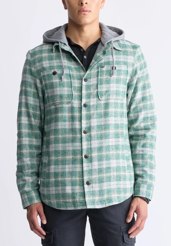 Jakeim Men's Plaid Hooded Shacket, Grey & Green - BM24443 Tailored