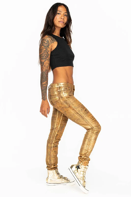 MID RISE WOMENS SKINNY JEANS IN AERO KHAKI WASH WITH GOLD CRYSTALS Monochromatic Office Style