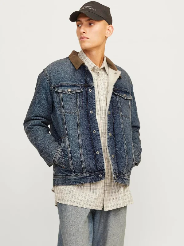 Men's Washed Sherpa Denim Jacket,Blue Dynamic Men's Moto