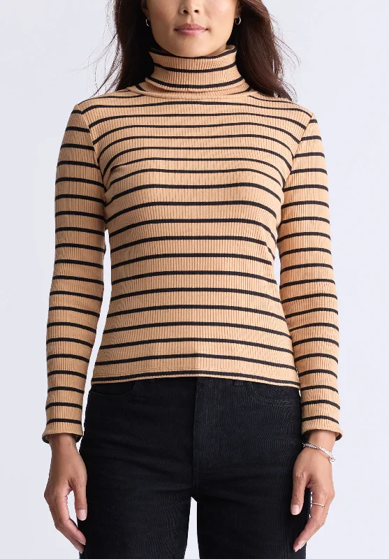 Mavra Women's Striped Ribbed Turtleneck Top, Beige - KT0161F Beach