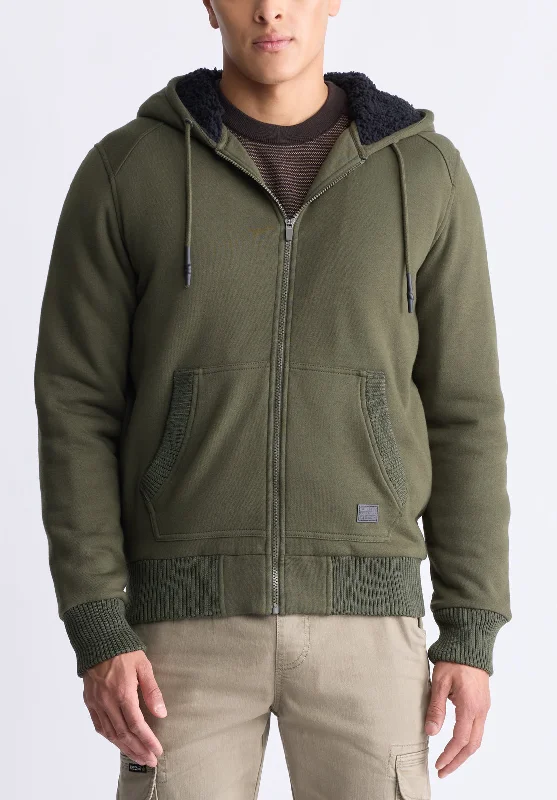 Fasox Men's Zip-Up Hooded Jacket with Sherpa Lining, Fern Green - BM24463 Monochromatic All