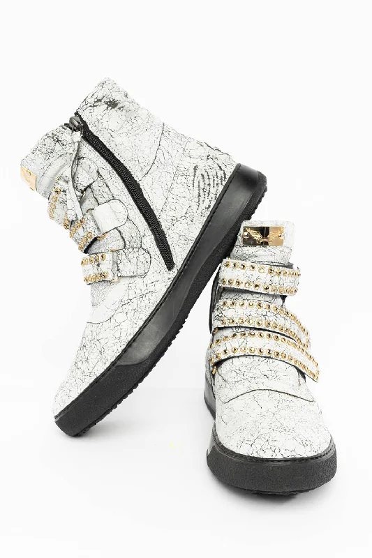 MENS HIGH TOP VELCRO  SHOES IN CRACKLED WHITE LEATHER WITH CRYSTAL EMBELLISHMENT Business