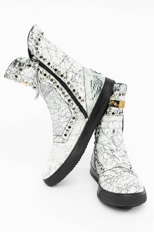 MENS HIGH TOP BIKER SHOES IN CRACKLED WHITE LEATHER WITH  CRYSTALS AND SPIKE EMBELLISHMENT Bohemian Men's Free